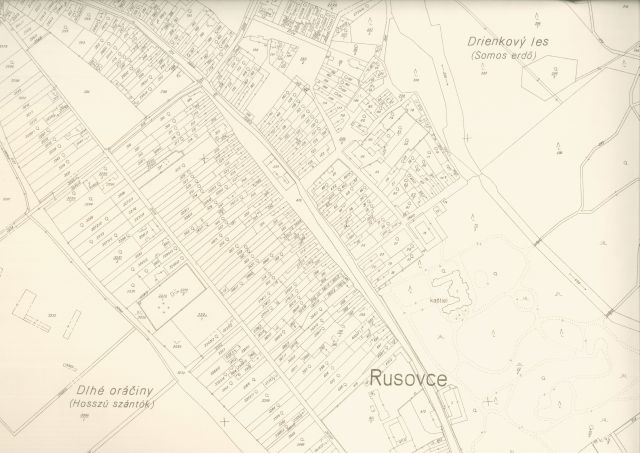 Ukážka mapy evidencie nehnuteľností v obci Rusovce, 1966